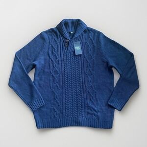 NWT Frye Mens XL Navy Blue Collared Chunky Cable Knit Henley Sweater Fisherman